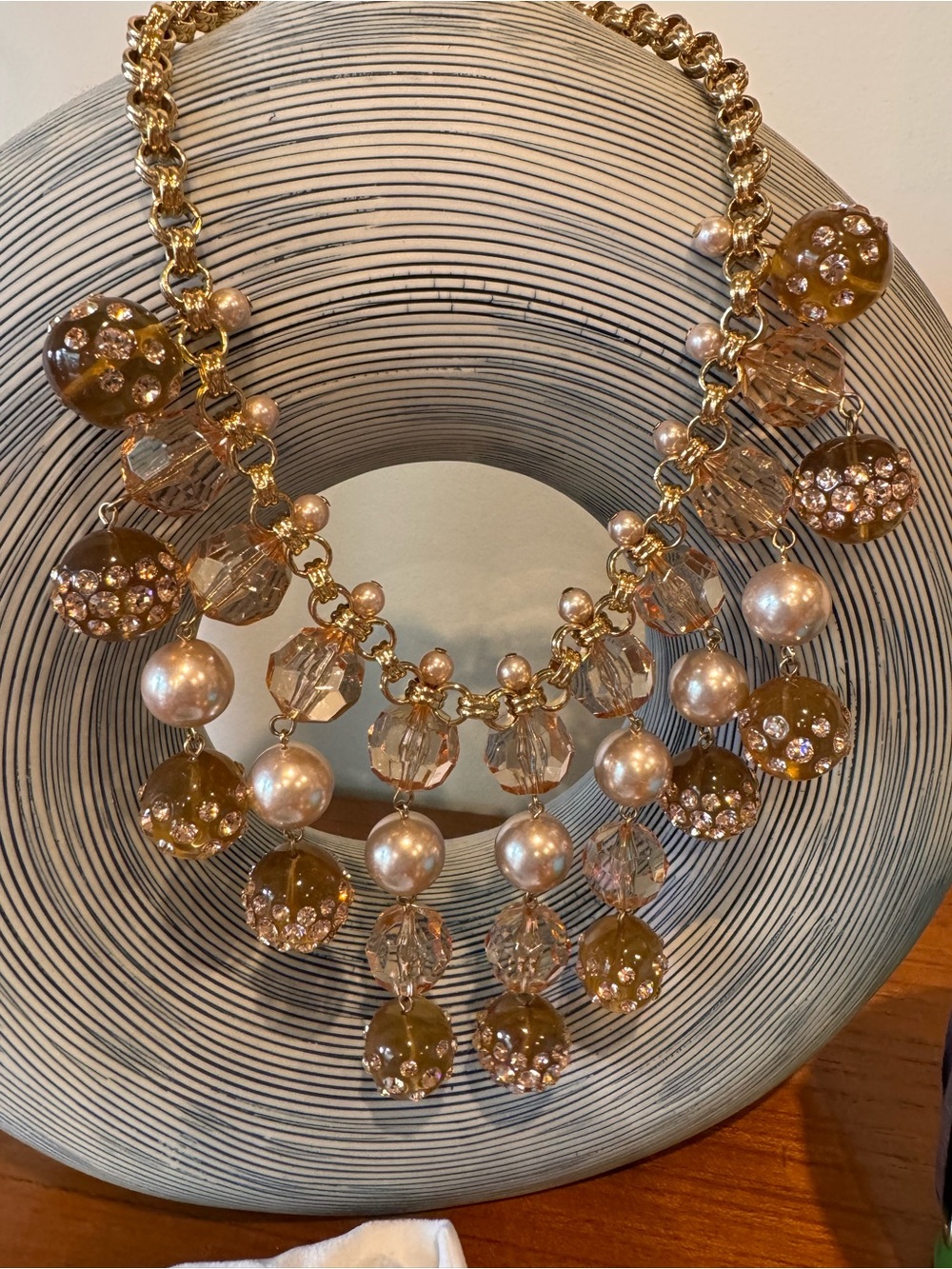 Vintage kate spade Gold-Tone Pearl, Crystal & Amber Bead Bib Necklace